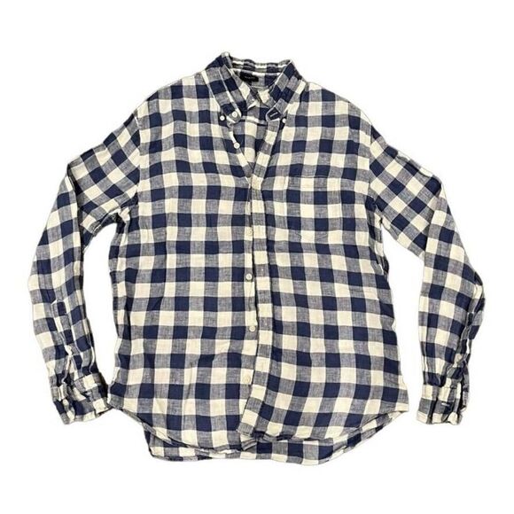 J Crew Shirt Men's Large Multicolor Casual Plaid Check Linen Button Down Slim Fi - Picture 1 of 7
